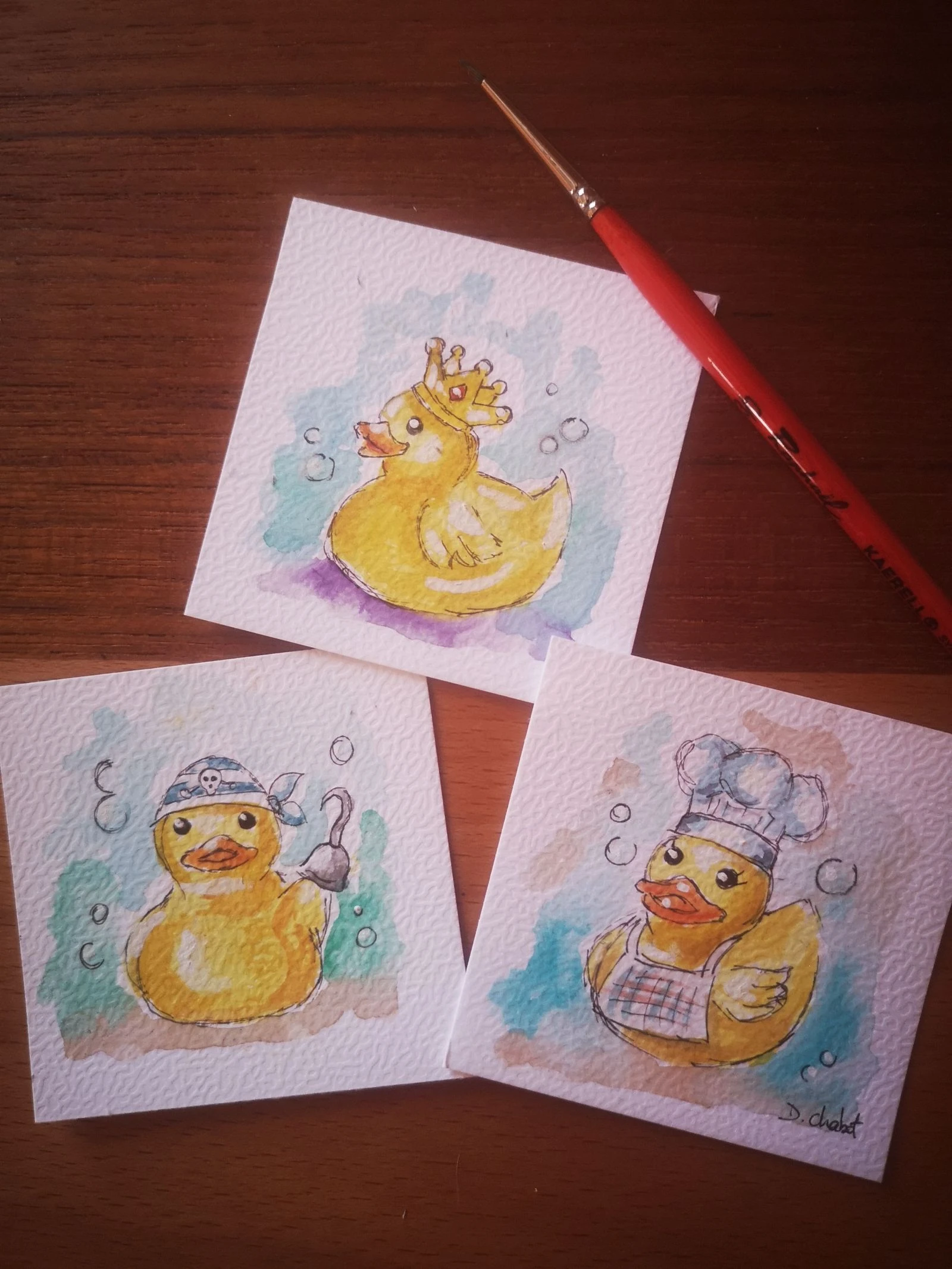 Tríplice de minis aquarelas pintadas à mão "meus 3 patinhos" – photo 2